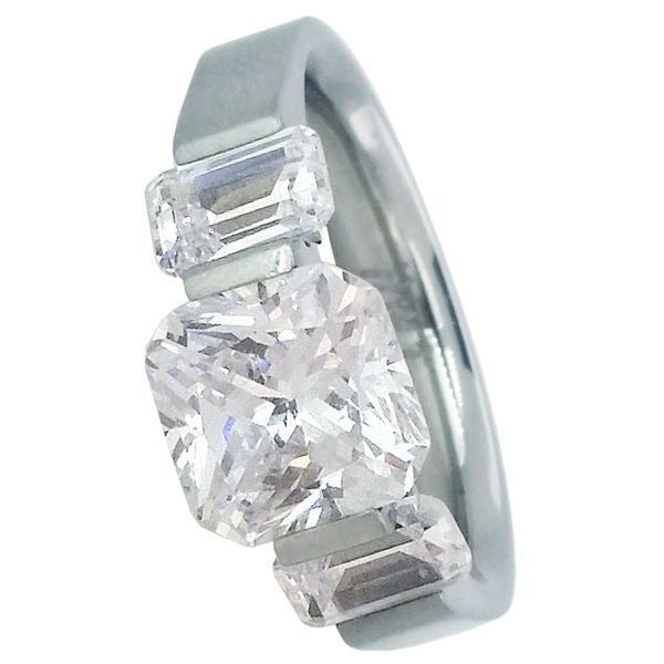 B.Tiff Ring, Stainless Steel Ring Tension Set 2.0ct Diamond Cut Cushion Solitaire Signity Star with Two 0.50ct Diamond Cut Emerald Signity Star.