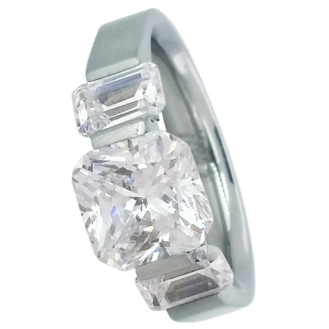 B.Tiff Ring, Stainless Steel Ring Tension Set 2.0ct Diamond Cut Cushion Solitaire Signity Star with Two 0.50ct Diamond Cut Emerald Signity Star.