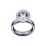 B.Tiff Aŭreolo Ring, Stainless Steel Ring Tension Set with 1.0ct Diamond Cut Round Signity Star with Surrounding Sixteen 0.01ct Halo Pavé Set Diamond Cut Round Signity Star.