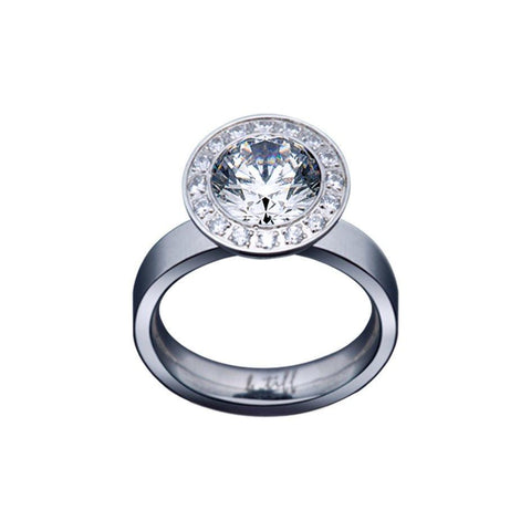 B.Tiff Aŭreolo Ring, Stainless Steel Ring Tension Set with 1.0ct Diamond Cut Round Signity Star with Surrounding Sixteen 0.01ct Halo Pavé Set Diamond Cut Round Signity Star.