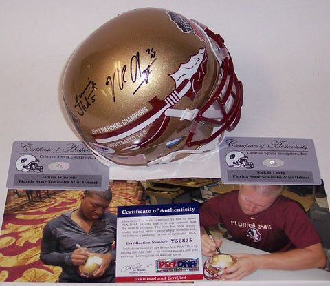 Jameis Winston & Nick O'Leary Autographed Hand Signed Florida State Seminoles Mini Helmet - PSA/DNA