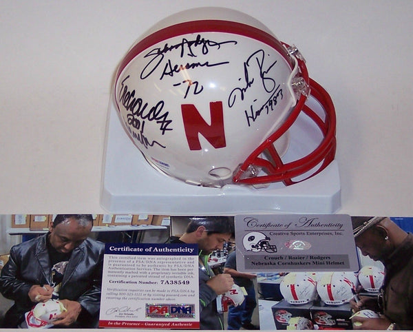 Eric Crouch, Mike Rozier & Johnny Rodgers Autographed Hand Signed Nebraska Cornhuskers Mini Helmet - PSA/DNA