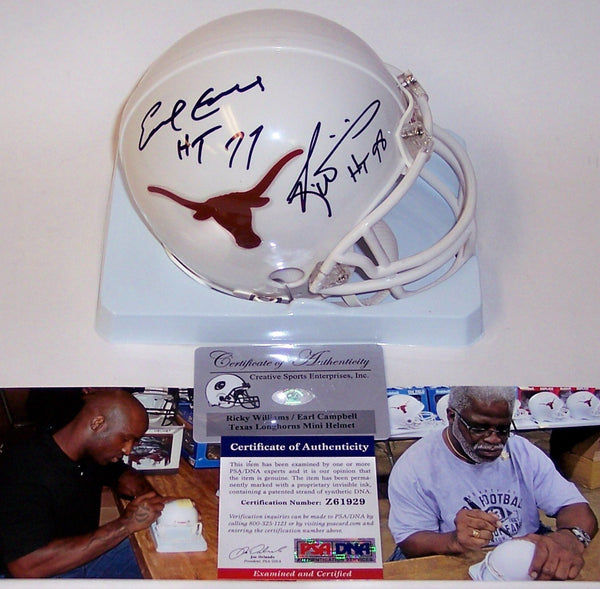Earl Campbell & Ricky Williams Autographed Hand Signed Texas Longhorns Mini Helmet - PSA/DNA